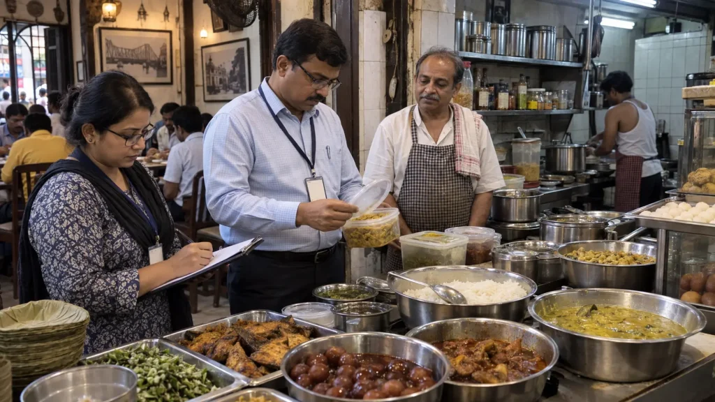 Food safety officials checking prepared food, storage containers and hygiene practices inside a traditional Dacres Lane eatery in Kolkata