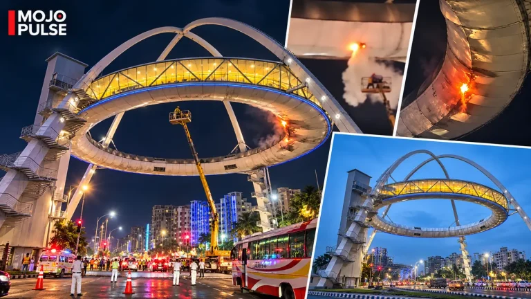 Illustrative MOJO PULSE composite showing Biswa Bangla Gate in New Town and a stylised fire response.