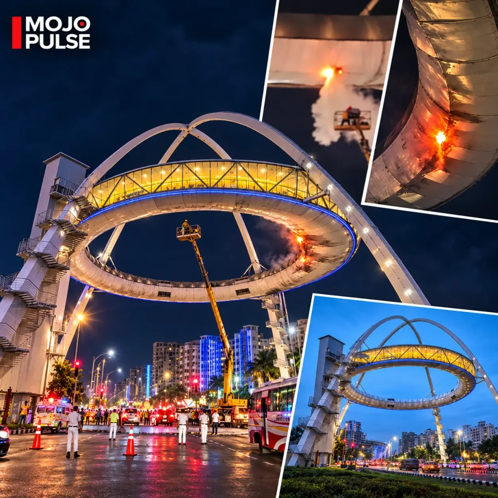 Illustrative square-format collage of Biswa Bangla Gate and a stylised fire response in New Town.