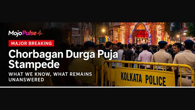 AI-generated editorial illustration of Kolkata Durga Puja crowd management and police barricades