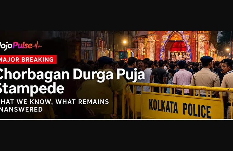 AI-generated editorial illustration of Kolkata Durga Puja crowd management and police barricades