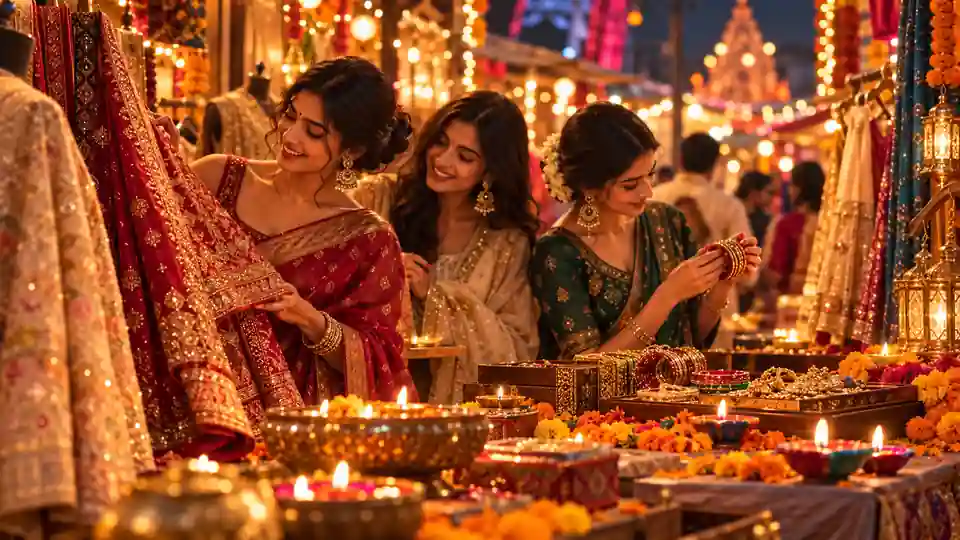 Illustrative festive clothing and jewellery bazaar in Kolkata during Diwali shopping