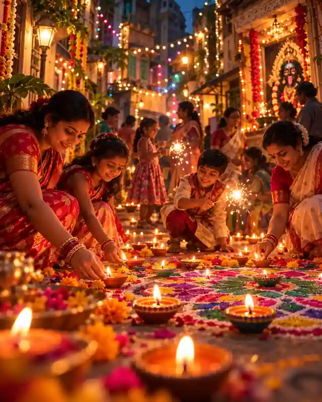 Illustrative Kolkata family celebrating Diwali with diyas and colourful rangoli