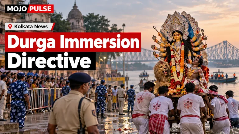 Editorial illustration of a Durga idol immersion beside the Hooghly River, depicting security and crowds; not a documentary photo.