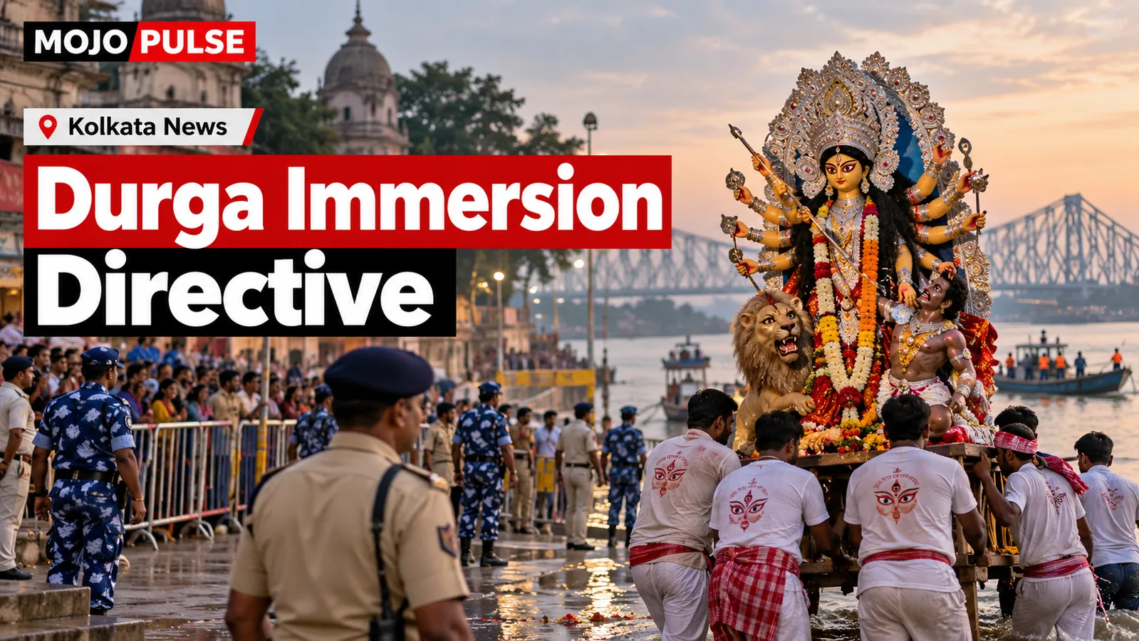 Editorial illustration of a Durga idol immersion beside the Hooghly River, depicting security and crowds; not a documentary photo.