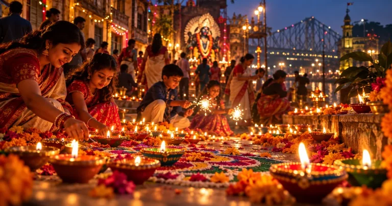 Illustration of families lighting diyas for Kali Puja and Diwali near Howrah Bridge in Kolkata