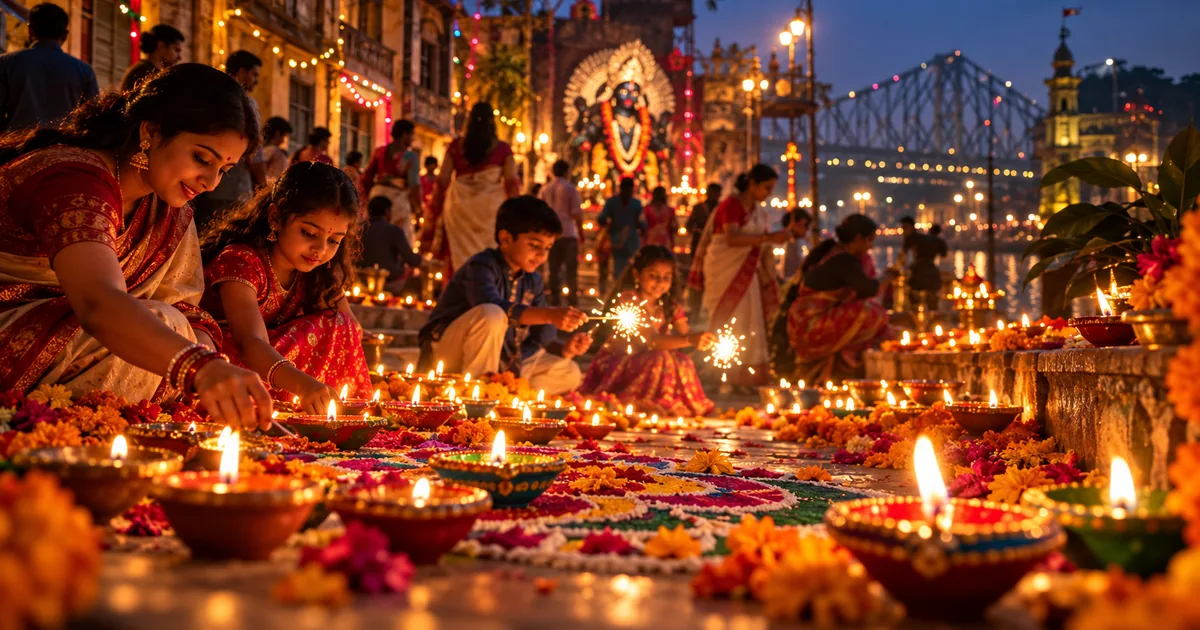 Illustration of families lighting diyas for Kali Puja and Diwali near Howrah Bridge in Kolkata