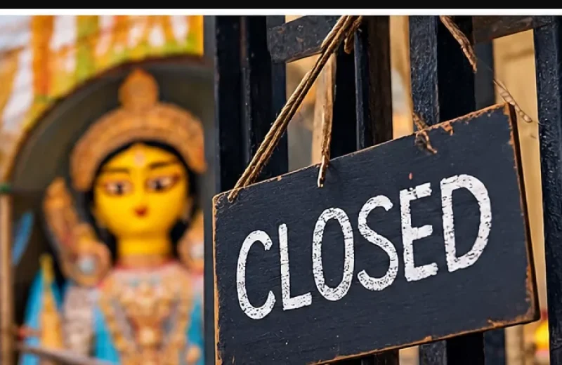 Illustration of a Kolkata Durga Puja pandal with a closed sign