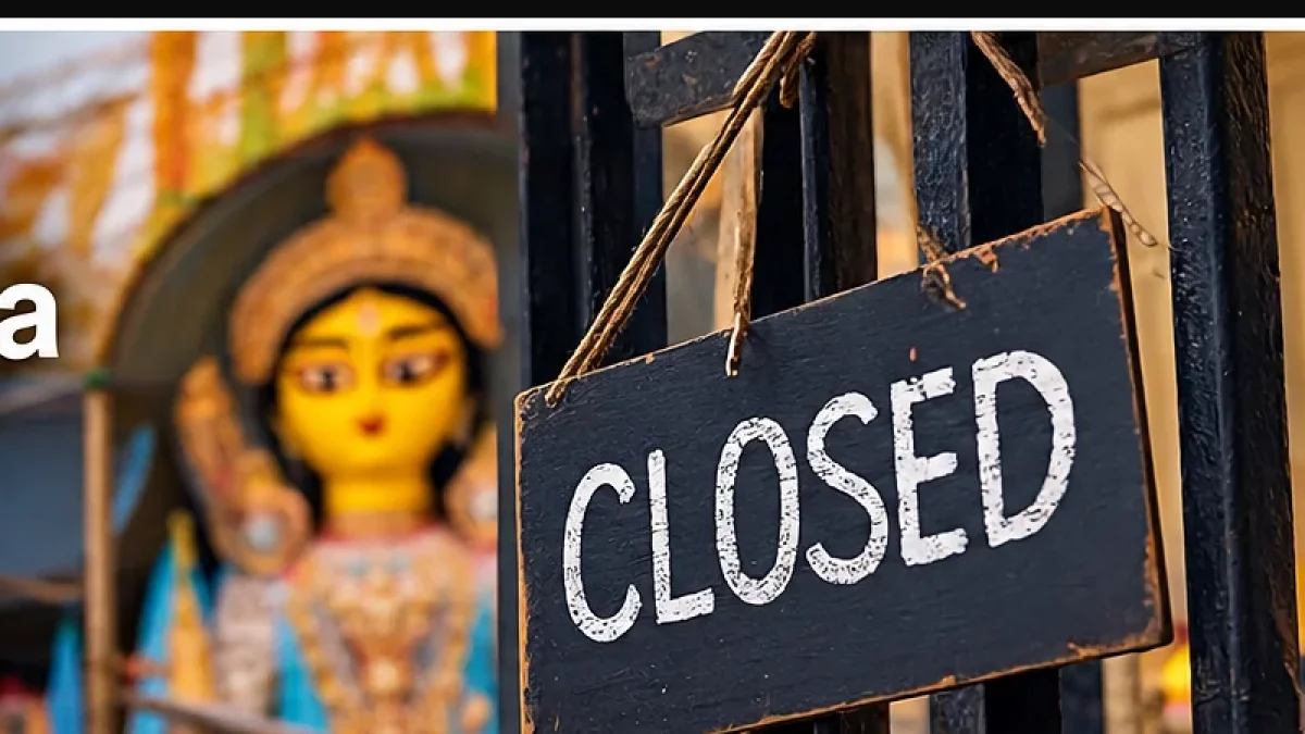 Illustration of a Kolkata Durga Puja pandal with a closed sign