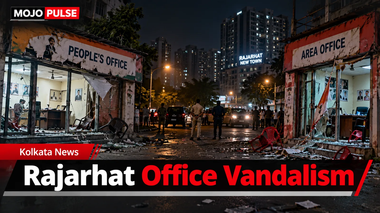 Conceptual illustration of alleged Rajarhat office vandalism, not a photo of verified damage