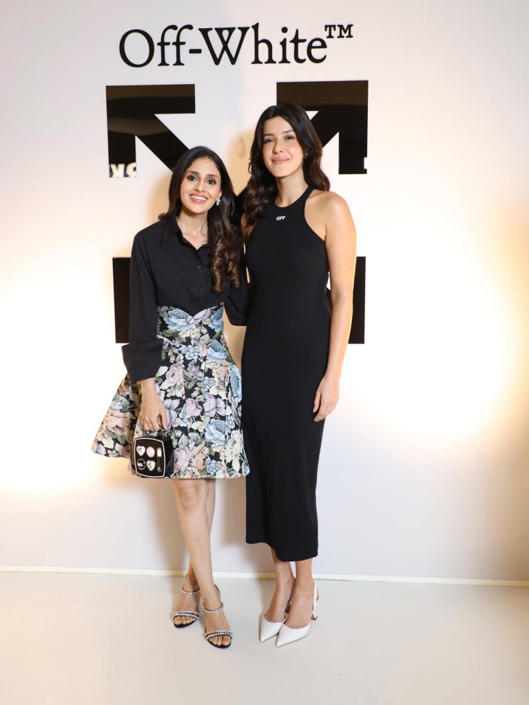 Shanaya Kapoor and Shivika Goenka pose together at the Off-White Kolkata launch