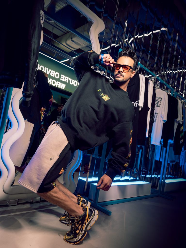 Mohit Kumar wearing Off-White streetwear at the Quest Mall boutique in Kolkata