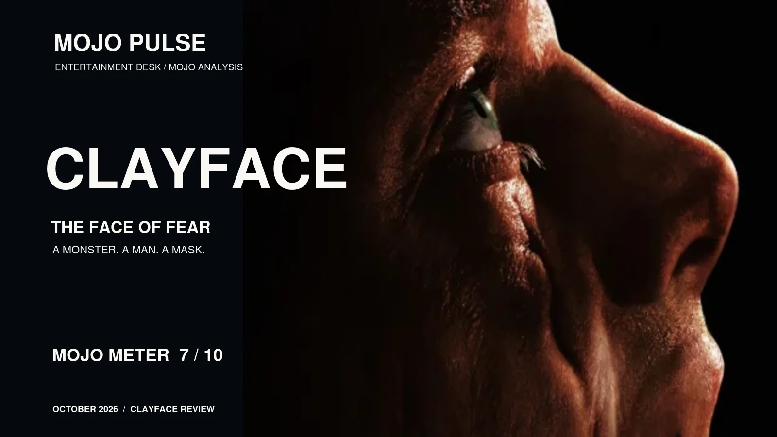 Clayface 2026 film review feature: melting face silhouette, Mojo Pulse artwork and 7 out of 10 rating